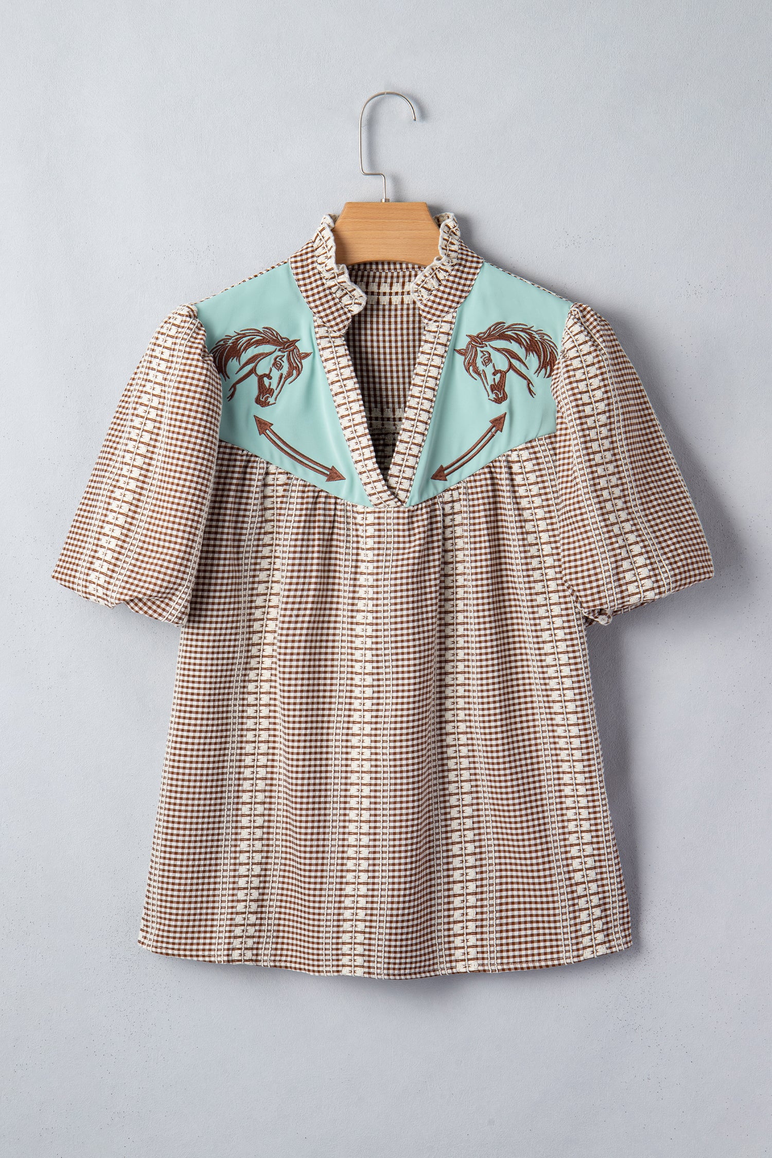 Brown Western Pony Embroidered Yoke Puff Sleeve Gingham Blouse-Tops/Blouses & Shirts-[Adult]-[Female]-2022 Online Blue Zone Planet