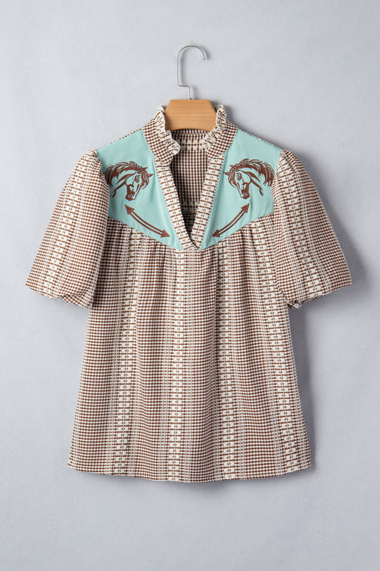 Brown Western Pony Embroidered Yoke Puff Sleeve Gingham Blouse-Tops/Blouses & Shirts-[Adult]-[Female]-2022 Online Blue Zone Planet