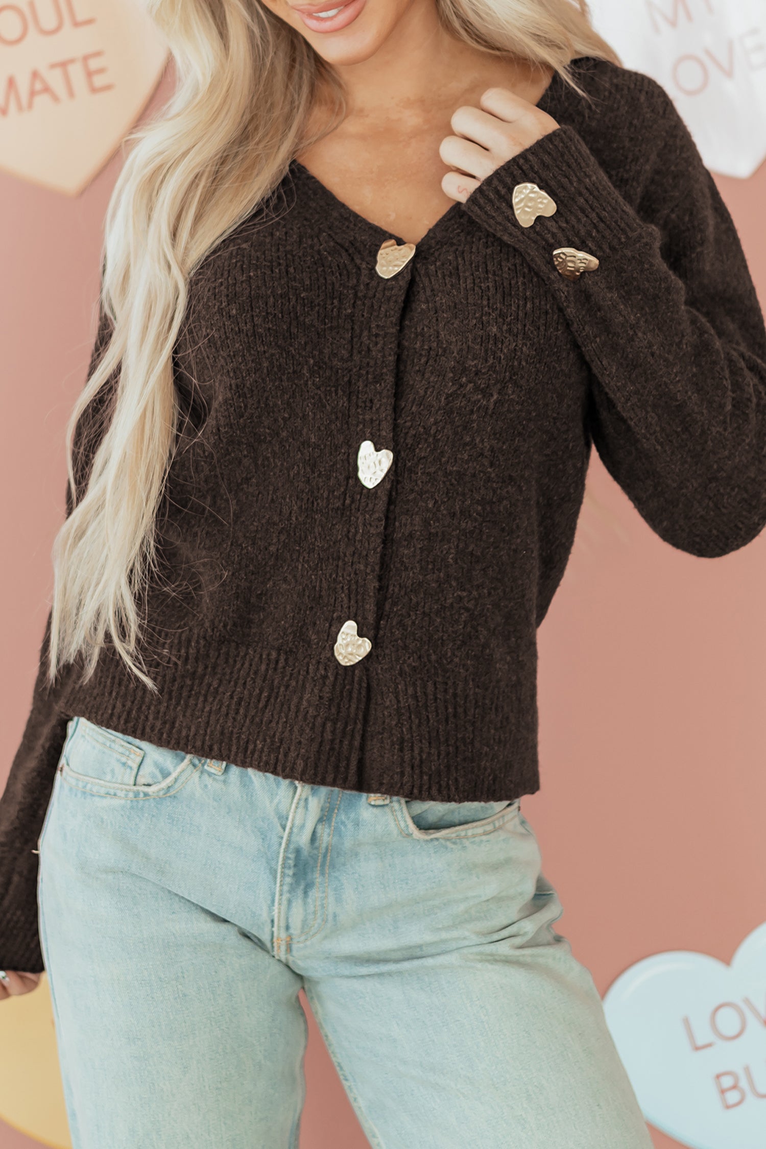Chicory Coffee Heart Metal Button V Neck Cardigan Sweater-TOPS / DRESSES-[Adult]-[Female]-2022 Online Blue Zone Planet