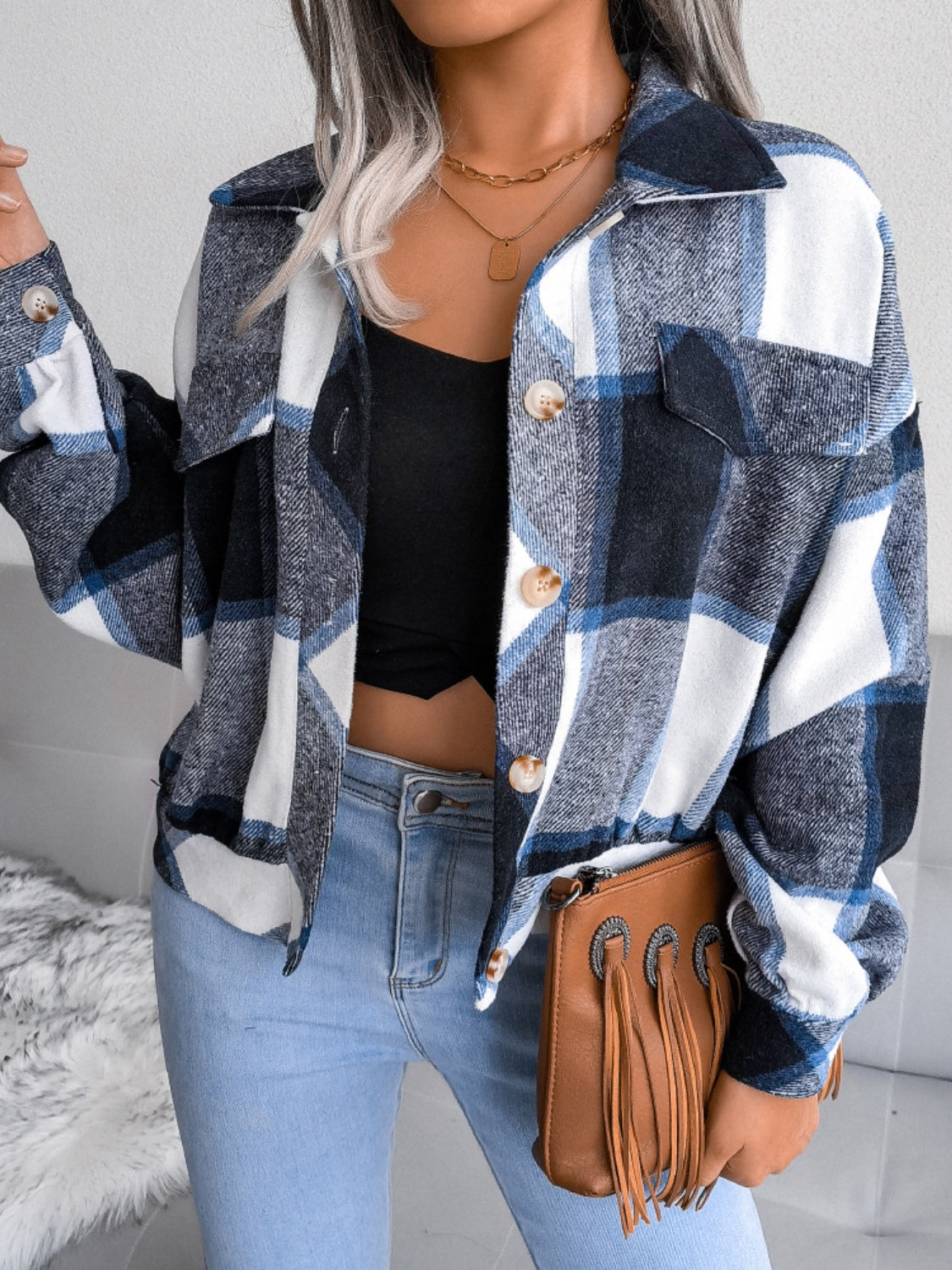 Plaid Collared Neck Long Sleeve Jacket-TOPS / DRESSES-[Adult]-[Female]-2022 Online Blue Zone Planet