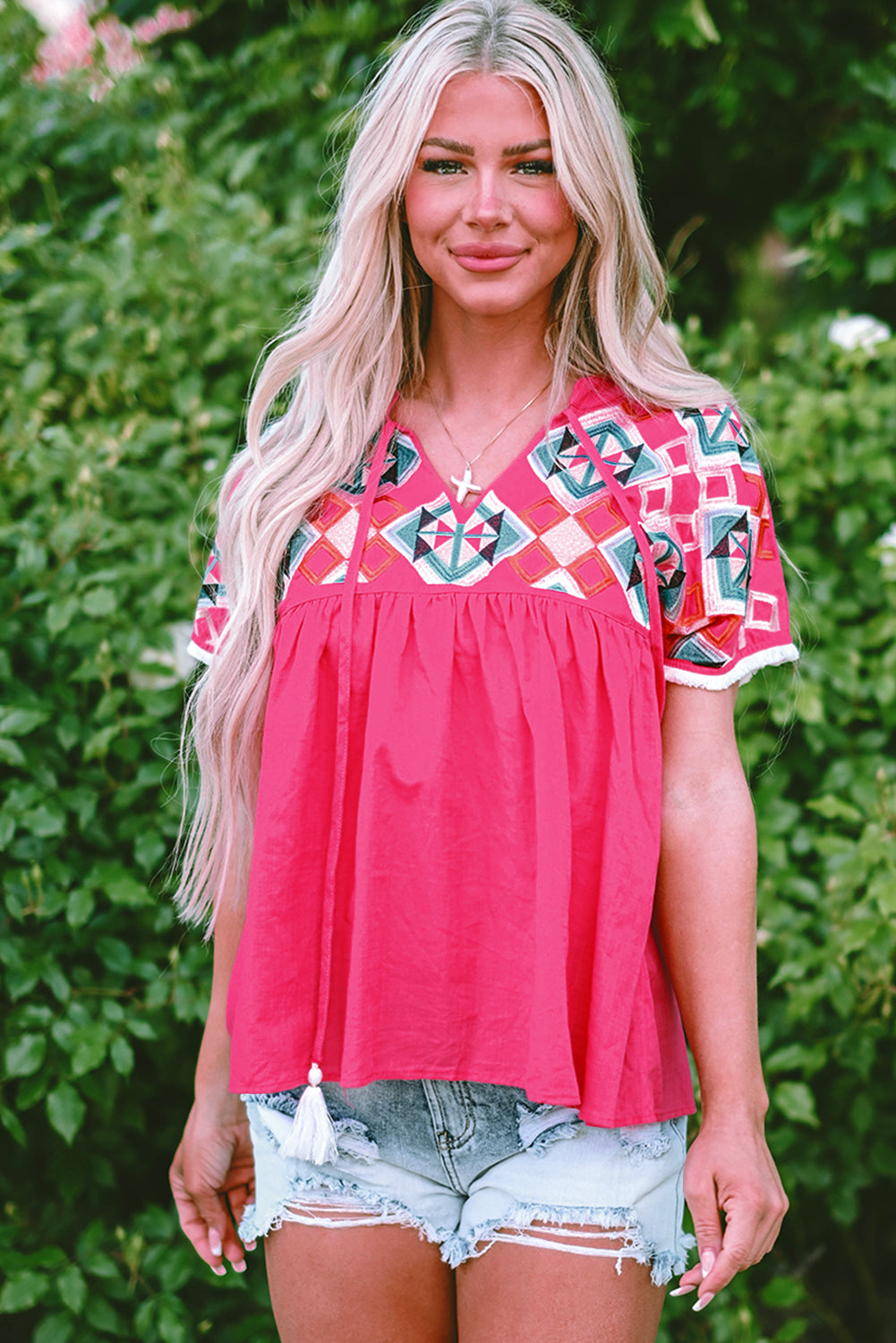 Strawberry Pink Geometric Embroidered Tassel Tie V Neck Blouse-Tops/Blouses & Shirts-[Adult]-[Female]-Strawberry Pink-S-2022 Online Blue Zone Planet