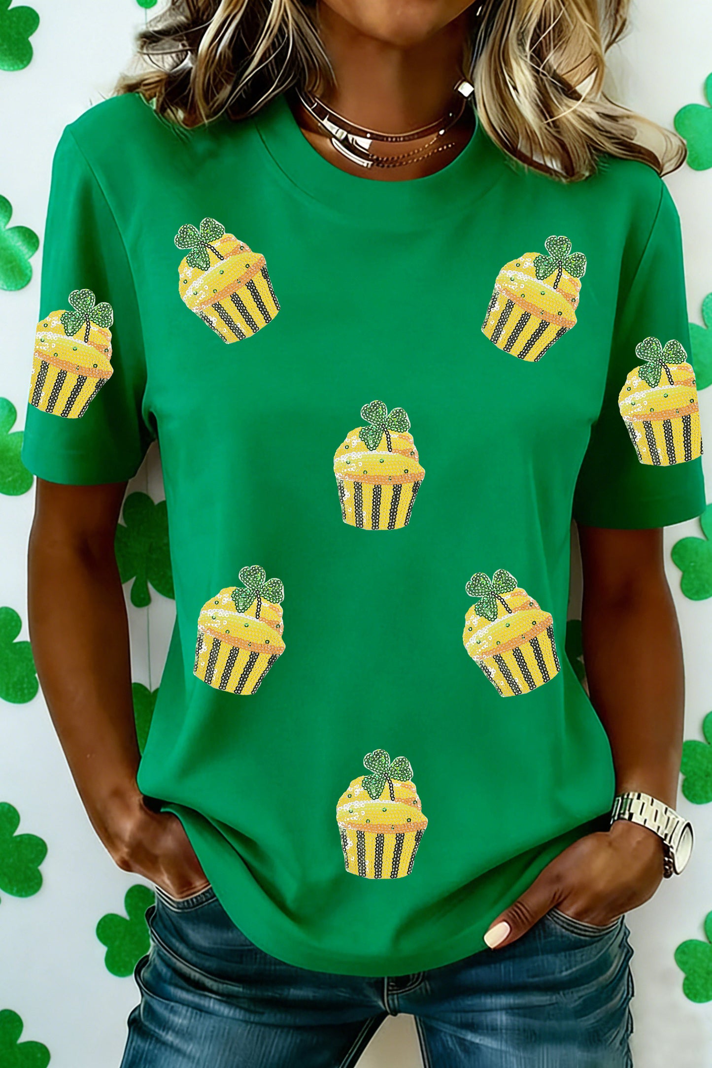 Bright Green St Patricks Day Sequin Cupcake Graphic T Shirt-Graphic/Graphic Tees-[Adult]-[Female]-2022 Online Blue Zone Planet