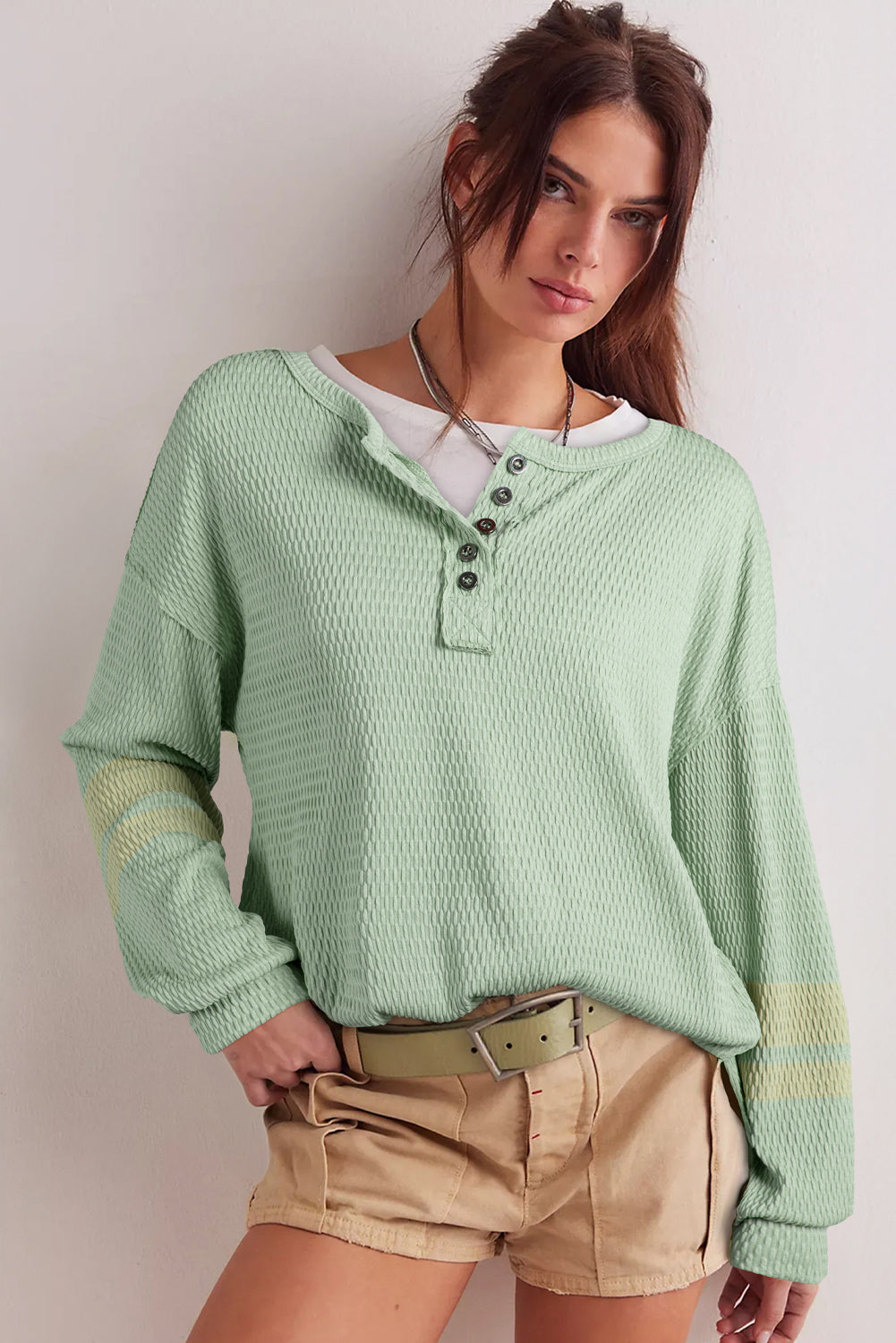 Meadow Mist Green Textured Knit Drop Shoulder Color Block Detail Long Sleeve Henley Top-Tops/Long Sleeve Tops-[Adult]-[Female]-2022 Online Blue Zone Planet