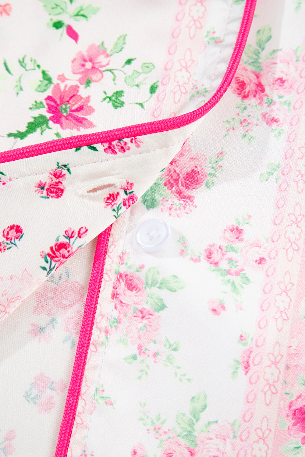 Pink Mixed Floral Print Contrast Piping Trim Satin Tie 2pcs Pajama Set-Loungewear & Sleepwear/Sleepwear-[Adult]-[Female]-2022 Online Blue Zone Planet