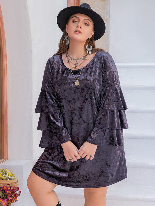 Blue Zone Planet | Plus Size Round Neck Flounce Sleeve Mini Dress-TOPS / DRESSES-[Adult]-[Female]-Mauve-0XL-2022 Online Blue Zone Planet