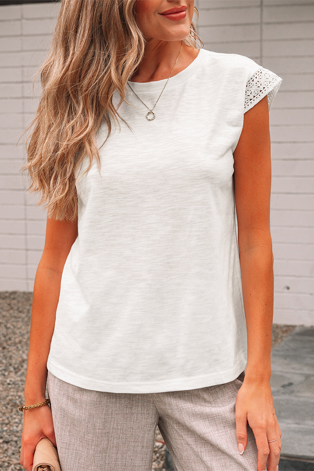 White Lace Patchwork Cap Sleeve Round Neck T Shirt-Tops/Tops & Tees-[Adult]-[Female]-2022 Online Blue Zone Planet