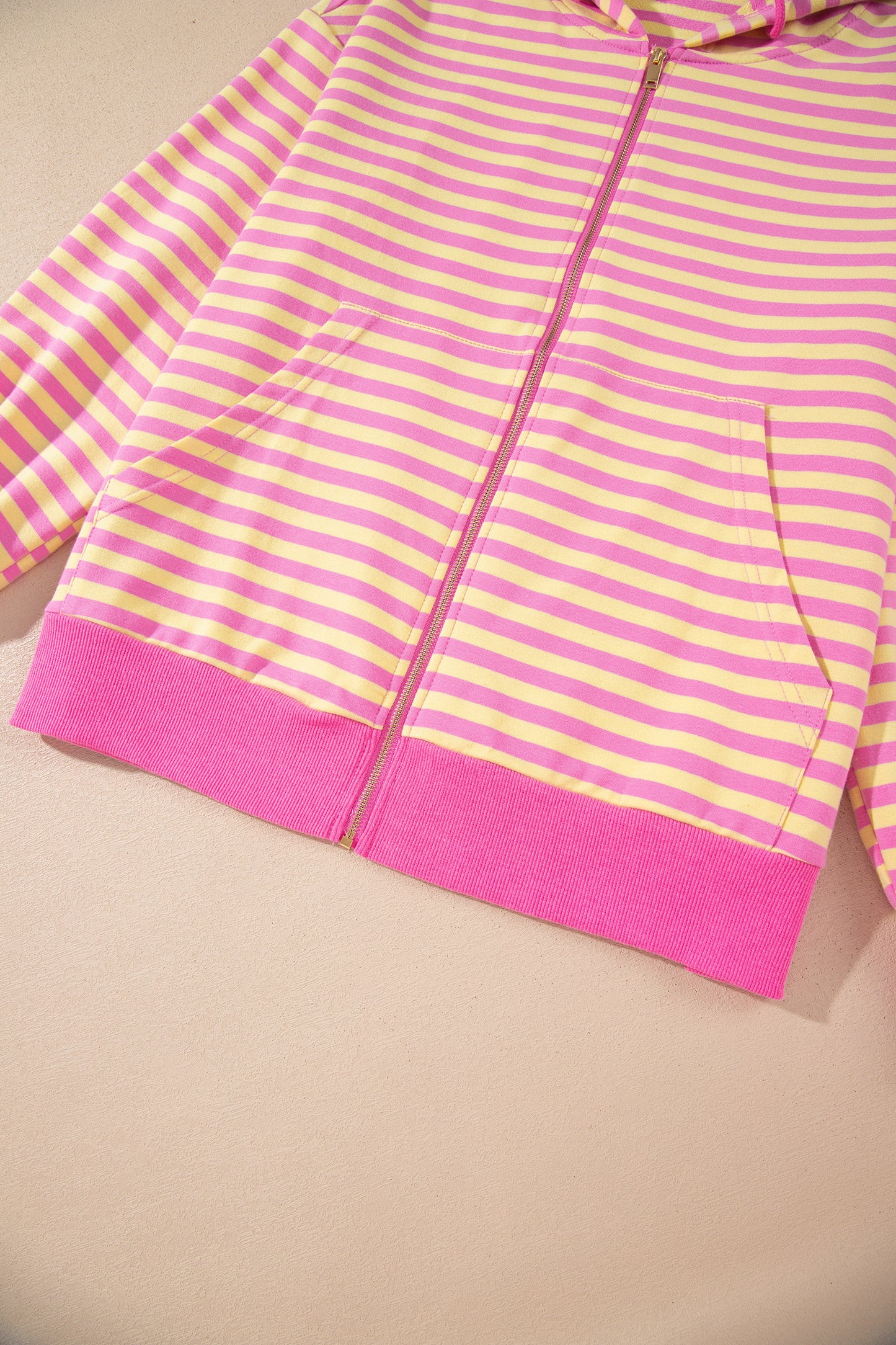 Rose Red Striped Long Sleeve Zip-Up Hoodie Drawstring Elastic Waist 2pcs Short Set-Two Piece Sets/Short Sets-[Adult]-[Female]-2022 Online Blue Zone Planet