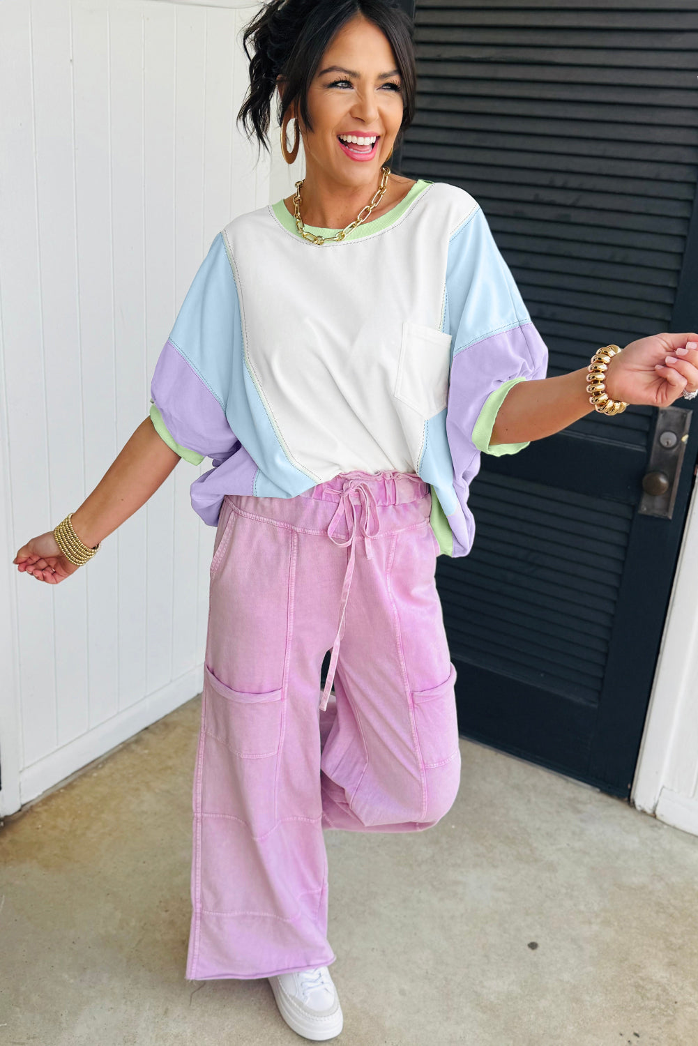 White Color Block Patchwork Half Sleeve Oversized T Shirt-Tops/Tops & Tees-[Adult]-[Female]-2022 Online Blue Zone Planet
