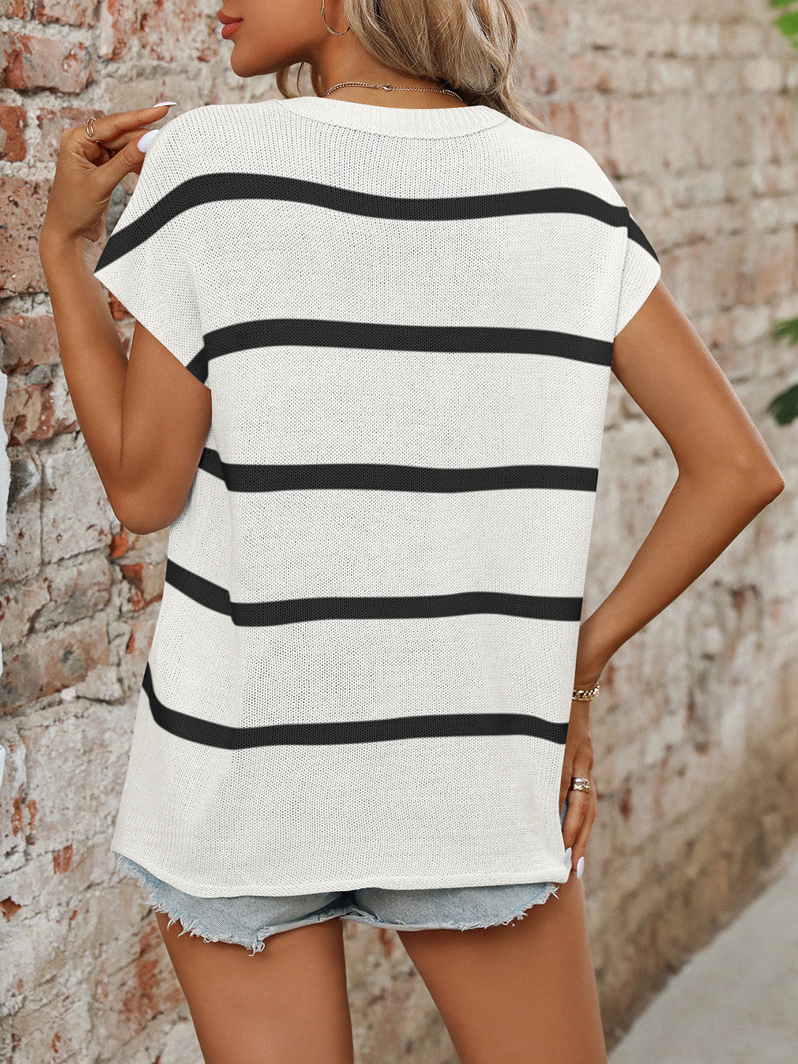 Blue Zone Planet | Mandy Striped Round Neck Short Sleeve Knit Top-TOPS / DRESSES-[Adult]-[Female]-2022 Online Blue Zone Planet