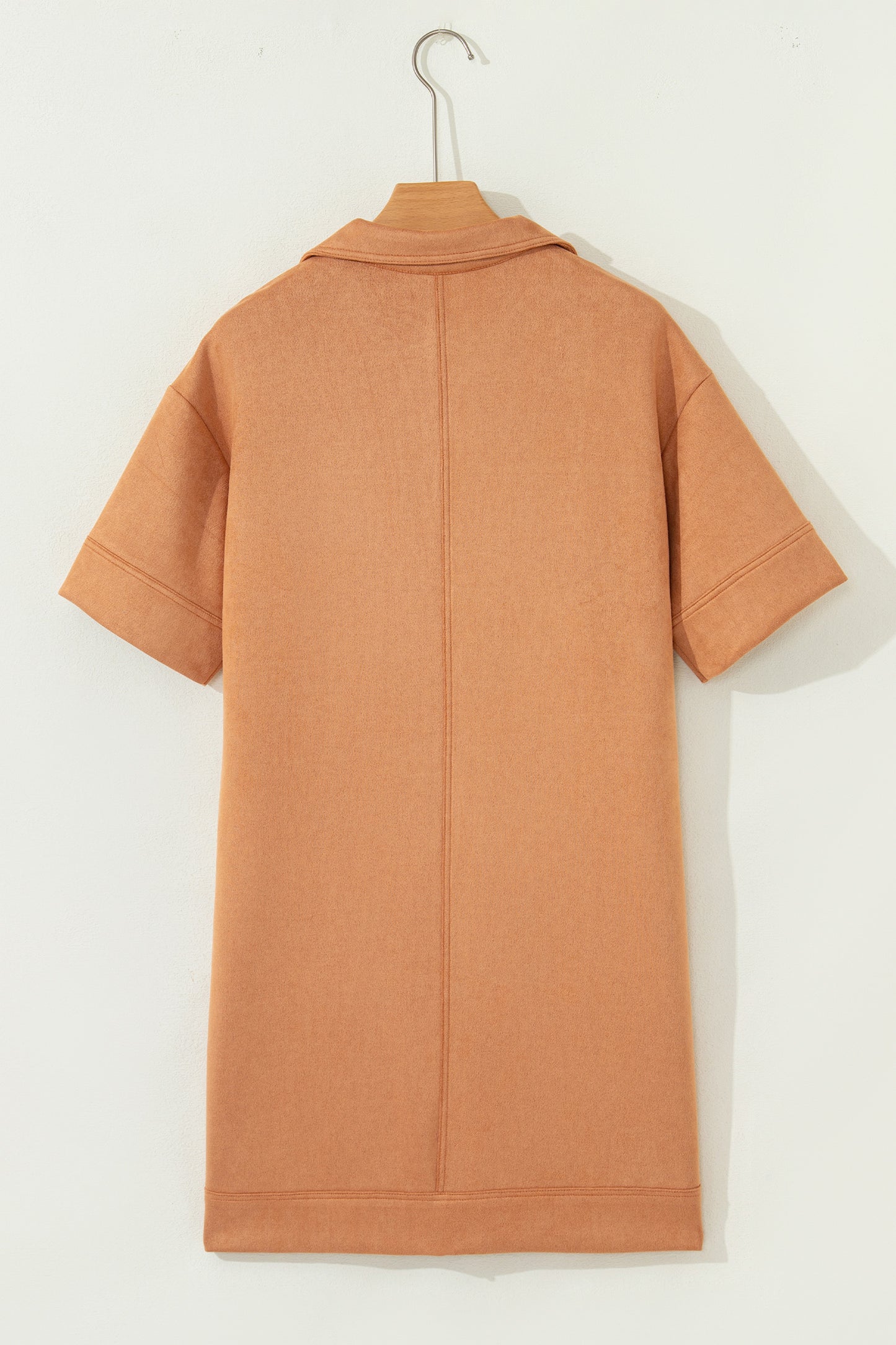 Thai Curry Collared V Neck Faux Suede Short Sleeve Shift Mini Dress-TOPS / DRESSES-[Adult]-[Female]-2022 Online Blue Zone Planet