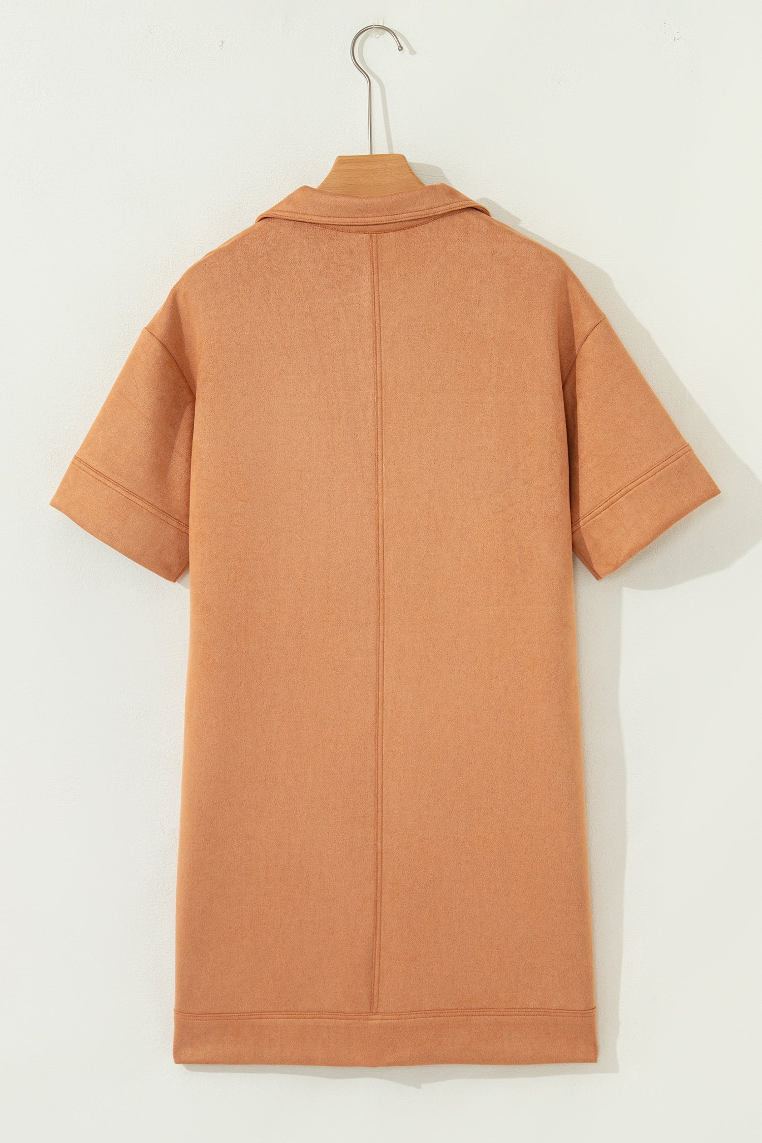 Thai Curry Collared V Neck Faux Suede Short Sleeve Shift Mini Dress-TOPS / DRESSES-[Adult]-[Female]-2022 Online Blue Zone Planet