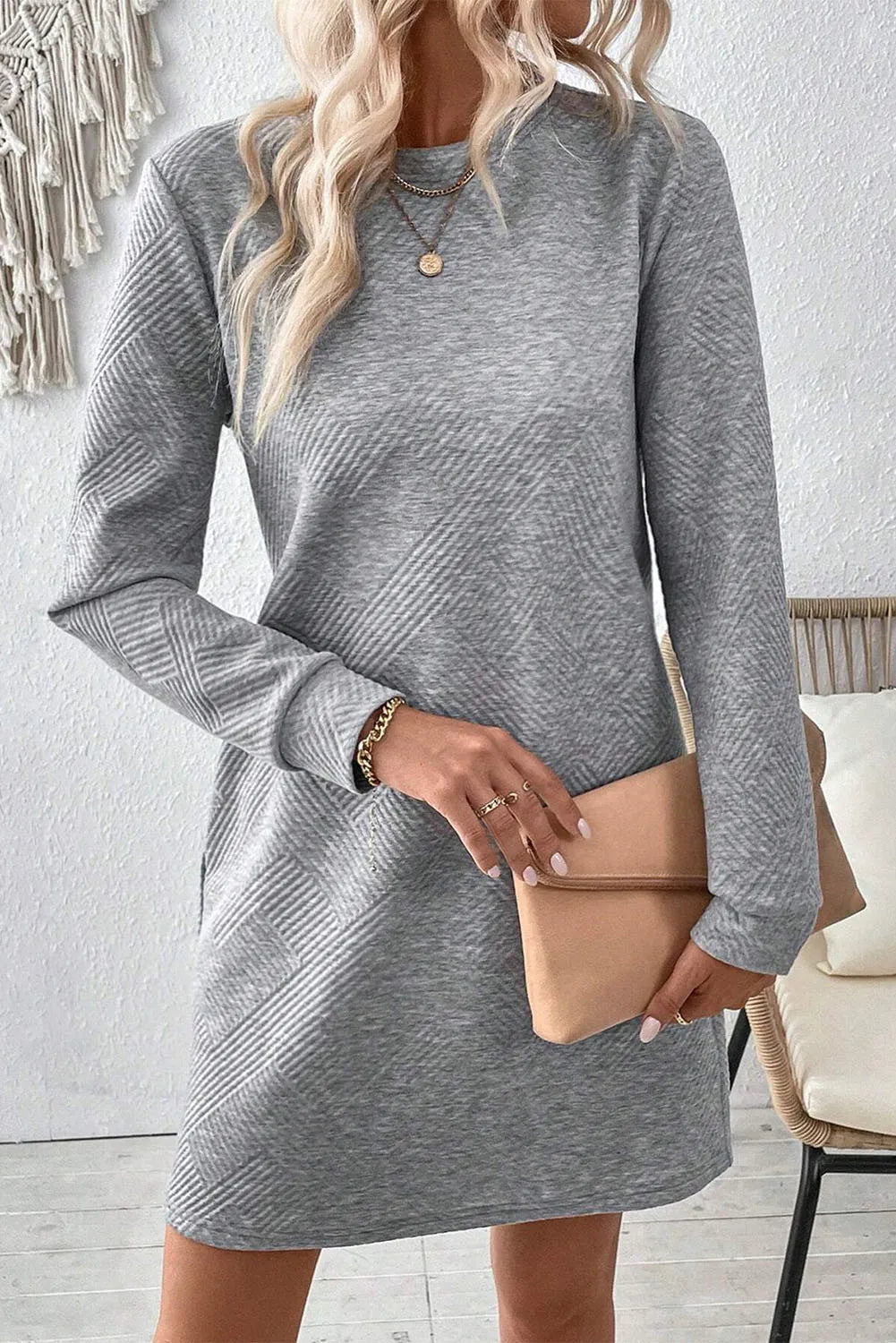 Textured Round Neck Long Sleeve Mini Dress-TOPS / DRESSES-[Adult]-[Female]-2022 Online Blue Zone Planet