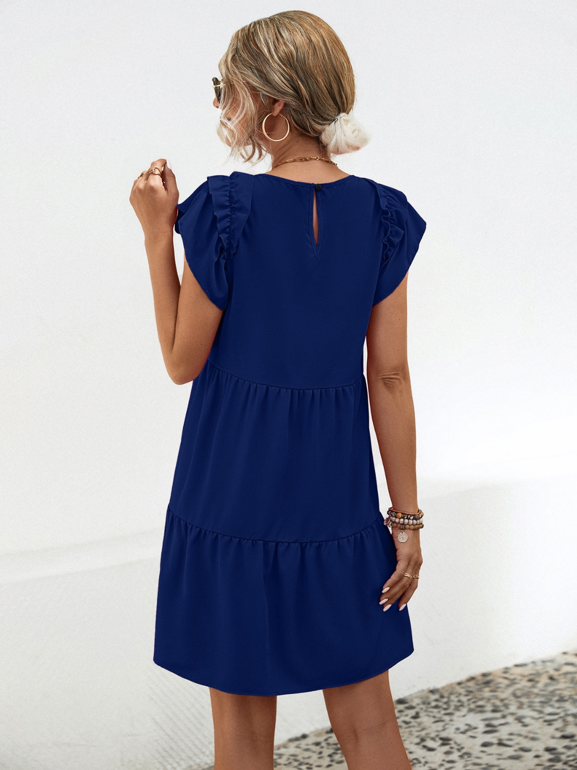 Ruffled Round Neck Cap Sleeve Mini Dress-TOPS / DRESSES-[Adult]-[Female]-2022 Online Blue Zone Planet