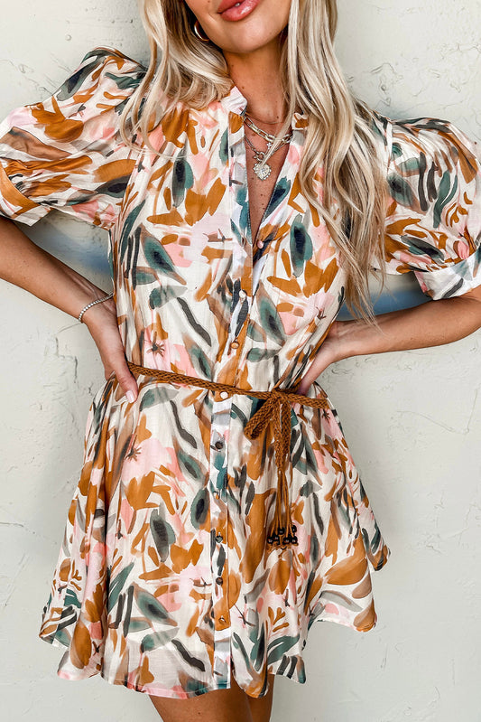 Brown Abstract Printed Puff Sleeve Button Up Braided Belt Mini Dress-Dresses/Mini Dresses-[Adult]-[Female]-Brown-S-2022 Online Blue Zone Planet