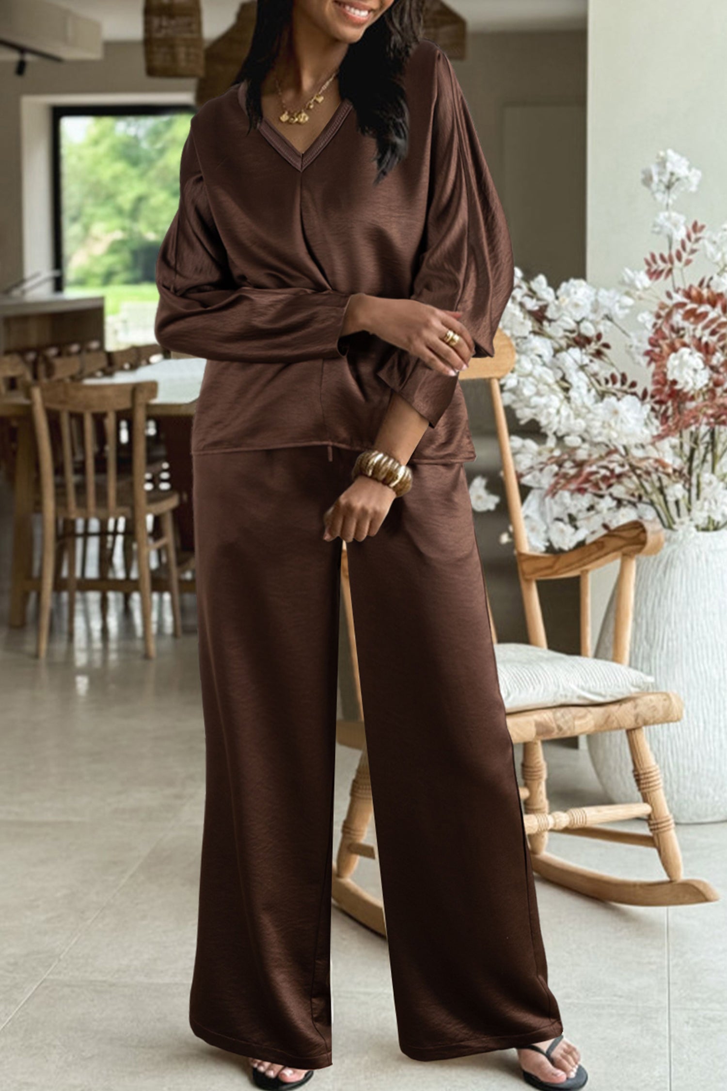 Dark Brown Braided V Neck Long Sleeve Loose Top and Drawstring High Waist Pants 2pcs Outfit-Two Piece Sets/Pant Sets-[Adult]-[Female]-2022 Online Blue Zone Planet