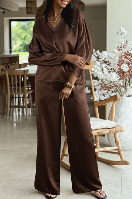 Dark Brown Braided V Neck Long Sleeve Loose Top and Drawstring High Waist Pants 2pcs Outfit-Two Piece Sets/Pant Sets-[Adult]-[Female]-2022 Online Blue Zone Planet