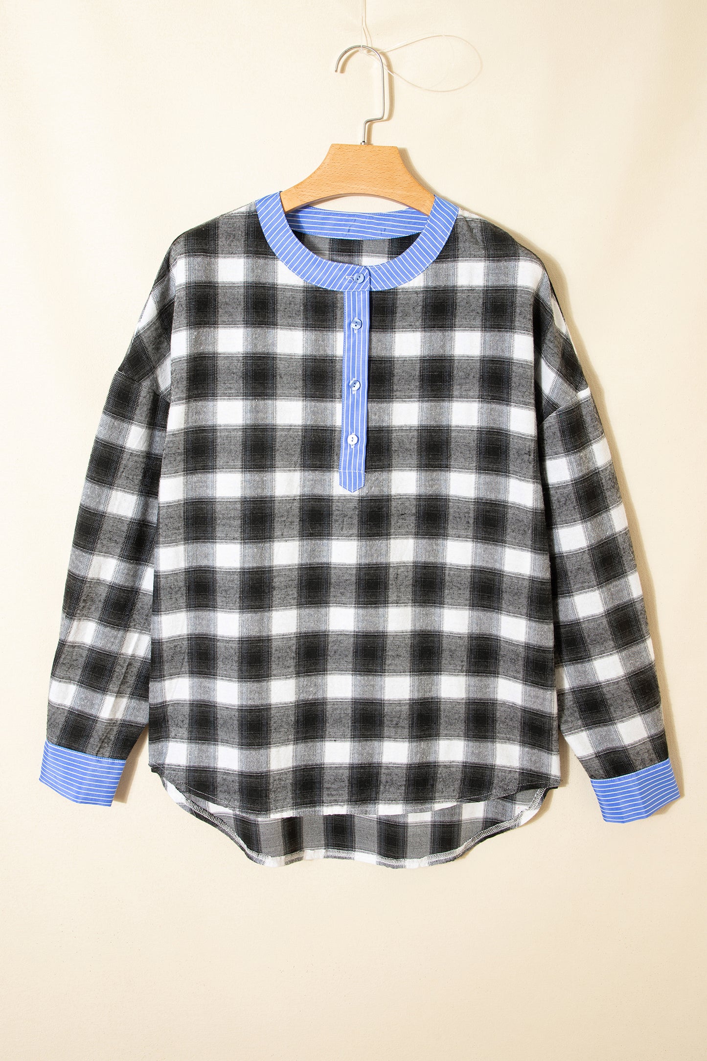 Black Contrast Striped Edge Half Placket Plaid Blouse-Tops/Blouses & Shirts-[Adult]-[Female]-2022 Online Blue Zone Planet