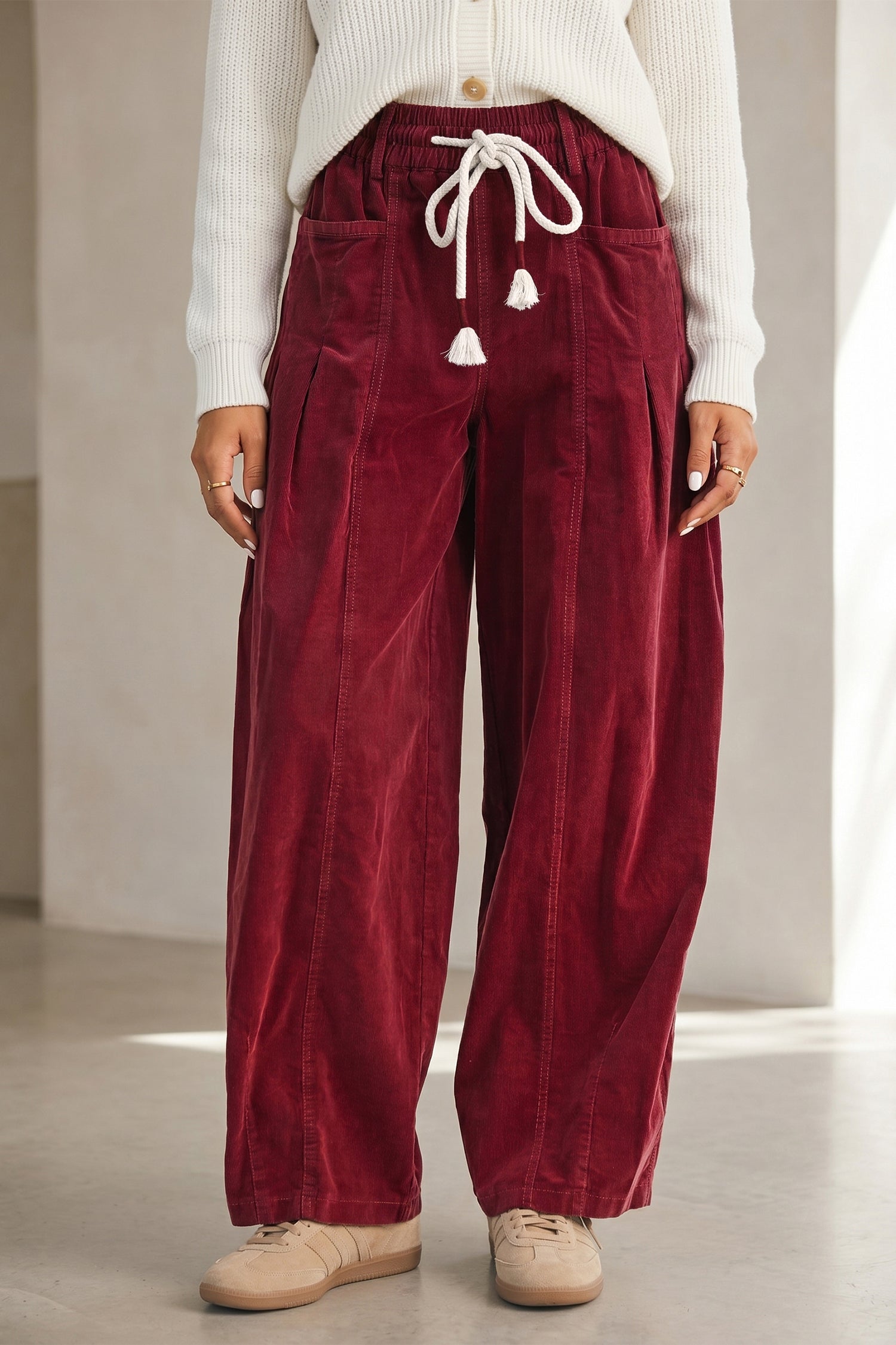 Racing Red Elastic Waist Drawstring Corduroy Casual Pants-Bottoms/Pants & Culotte-[Adult]-[Female]-2022 Online Blue Zone Planet