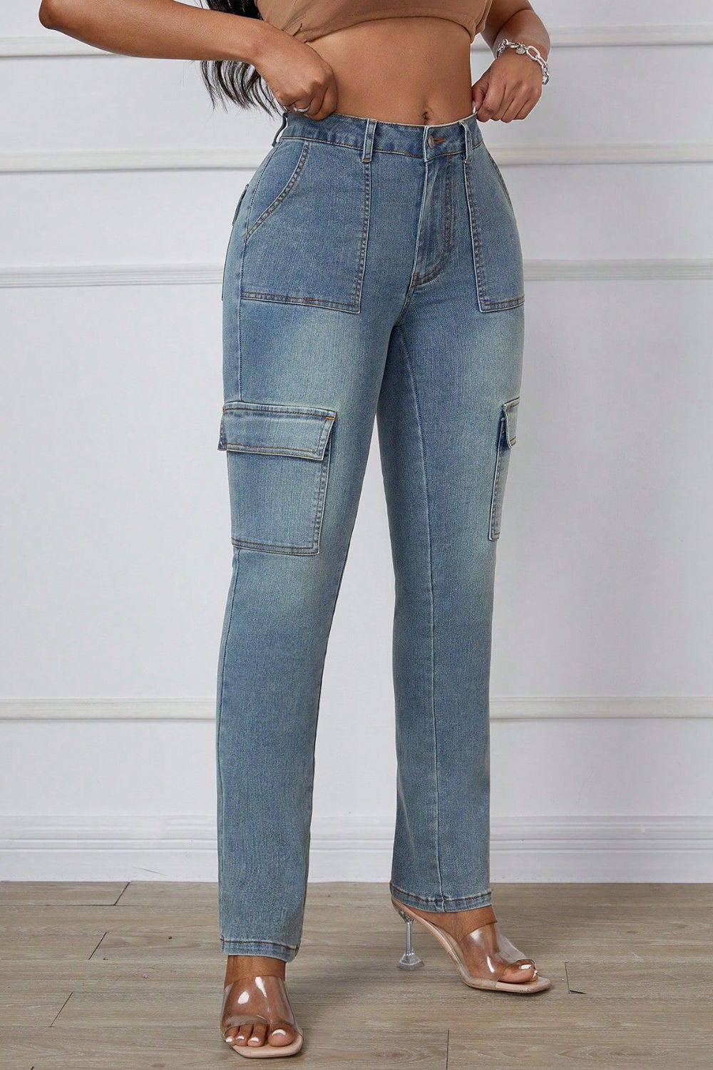 Skinny Jeans with Cargo Pockets-BOTTOMS SIZES SMALL MEDIUM LARGE-[Adult]-[Female]-2022 Online Blue Zone Planet