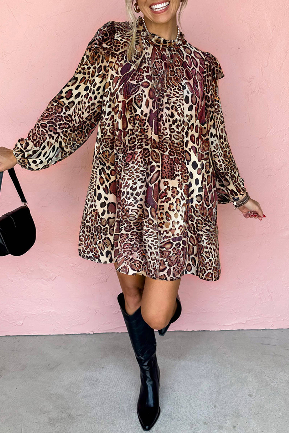 Brown Leopard Ruffled Detail Long Sleeve Loose Mini Dress-Dresses/Mini Dresses-[Adult]-[Female]-2022 Online Blue Zone Planet