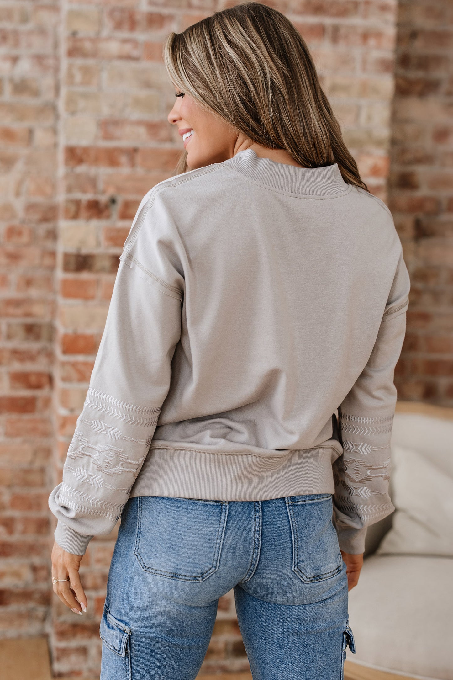 Parchment Aztec Embroidered Western V Neck Sweatshirt-Tops/Sweatshirts & Hoodies-[Adult]-[Female]-2022 Online Blue Zone Planet