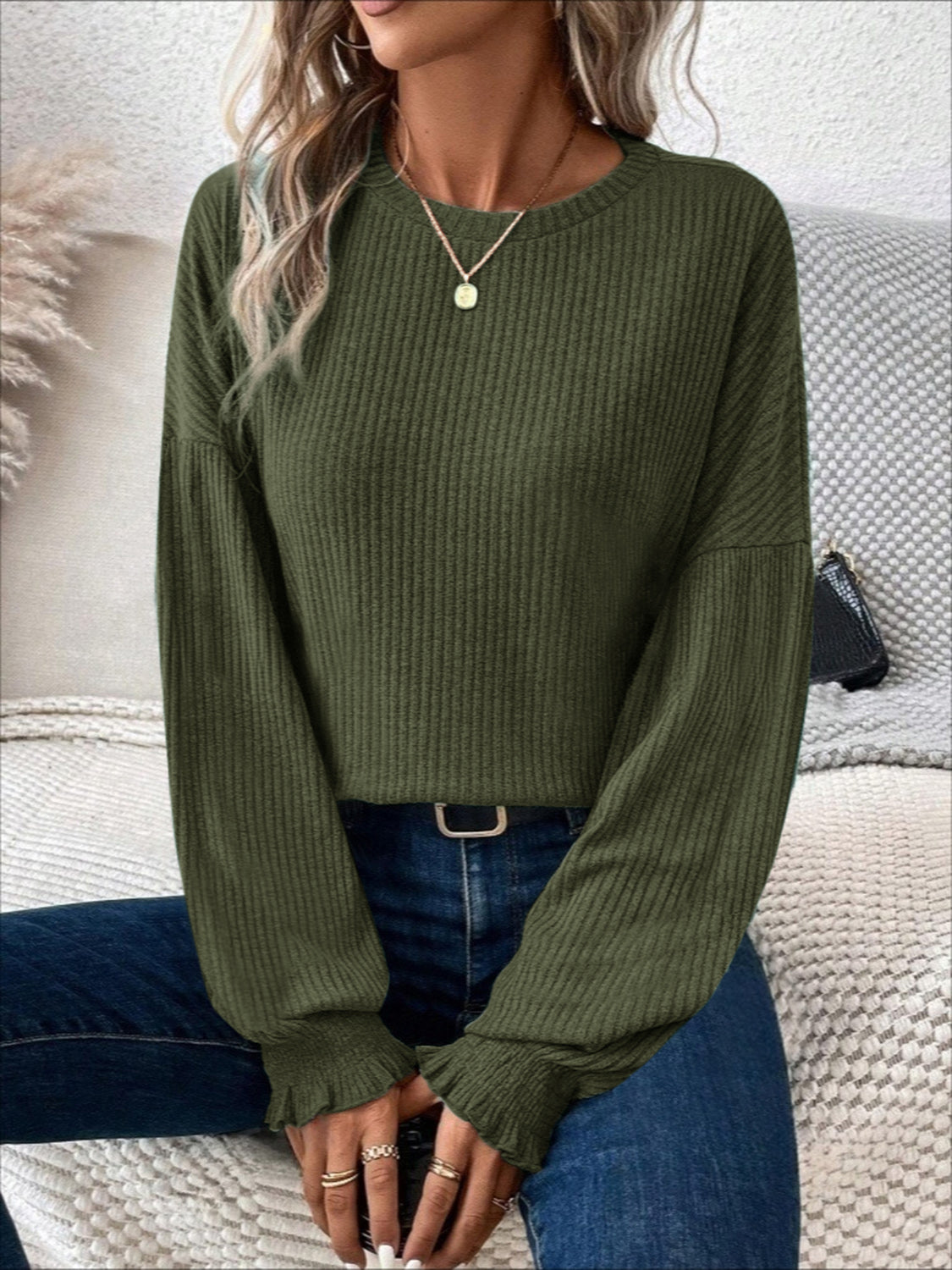 Ribbed Round Neck Lantern Sleeve T-Shirt-TOPS / DRESSES-[Adult]-[Female]-Army Green-S-2022 Online Blue Zone Planet