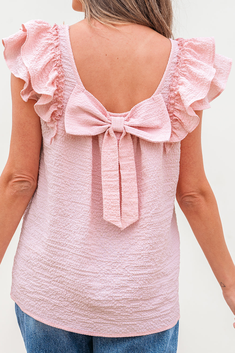 Gossamer Pink Textured Bow Knot Frilled Butterfly Sleeve Blouse-Tops/Blouses & Shirts-[Adult]-[Female]-2022 Online Blue Zone Planet