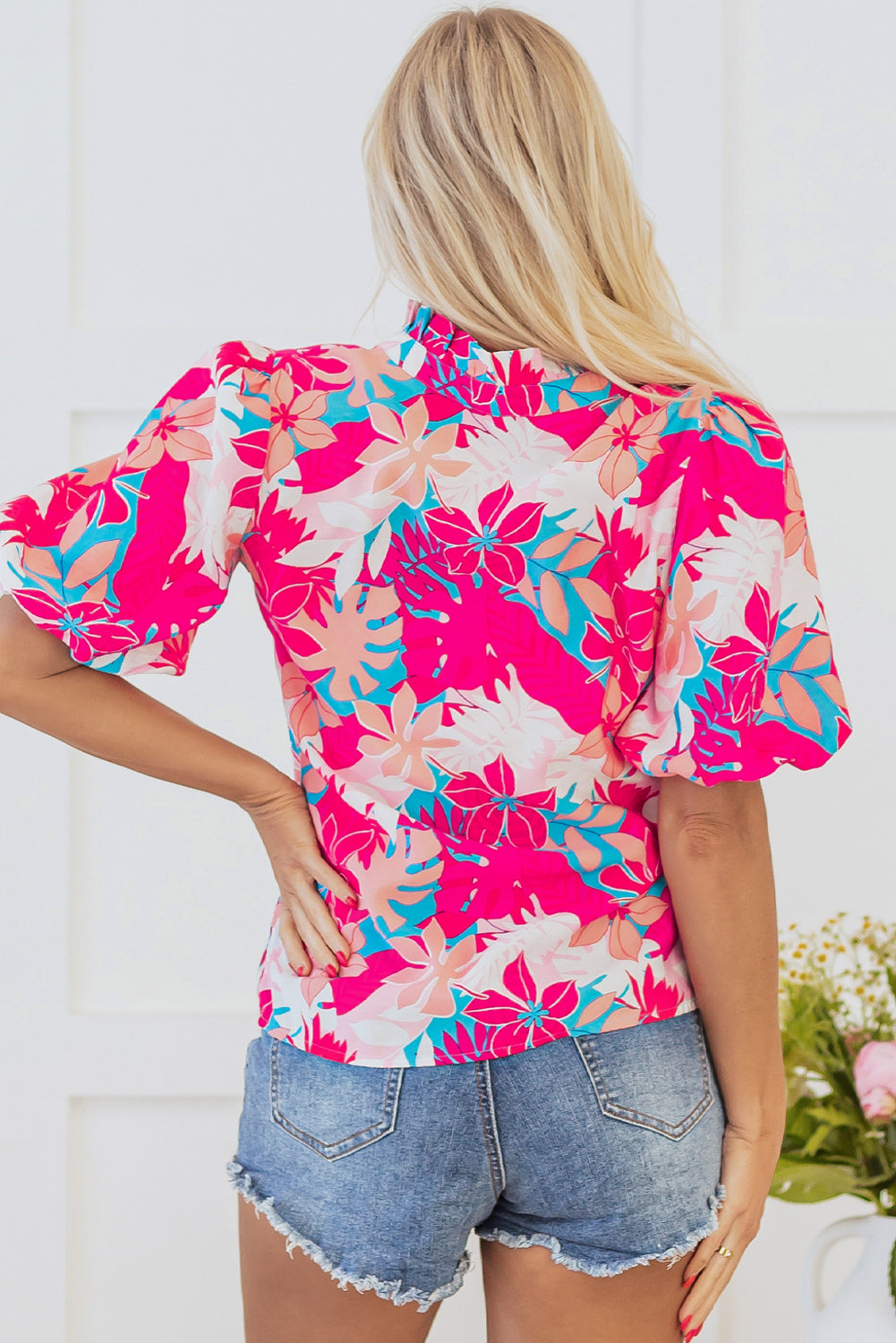 Rose Tropical Plant Printed V Neck Puff Sleeve Blouse-Tops/Blouses & Shirts-[Adult]-[Female]-2022 Online Blue Zone Planet