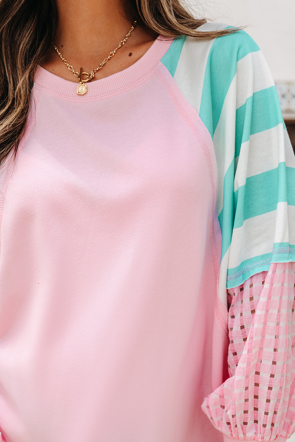 Bonbon Striped Colorblock Patchwork Raglan Pullover Top with Slits-Tops/Long Sleeve Tops-[Adult]-[Female]-2022 Online Blue Zone Planet