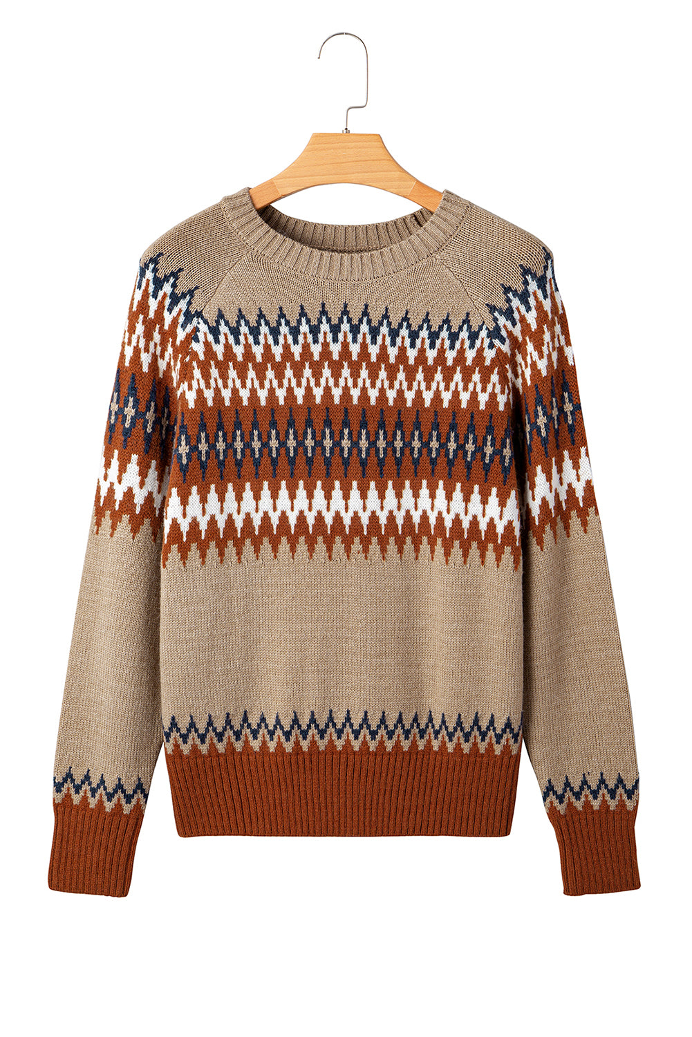 Khaki Aztec Print Colorblock Crew Neck Sweater-TOPS / DRESSES-[Adult]-[Female]-2022 Online Blue Zone Planet
