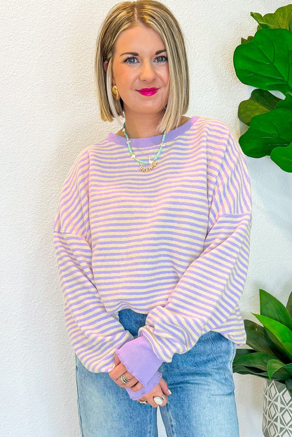 Blue Zone Planet | Green Stripe Drop Shoulder Long Sleeve Top-Long Sleeve Tops-[Adult]-[Female]-2022 Online Blue Zone Planet