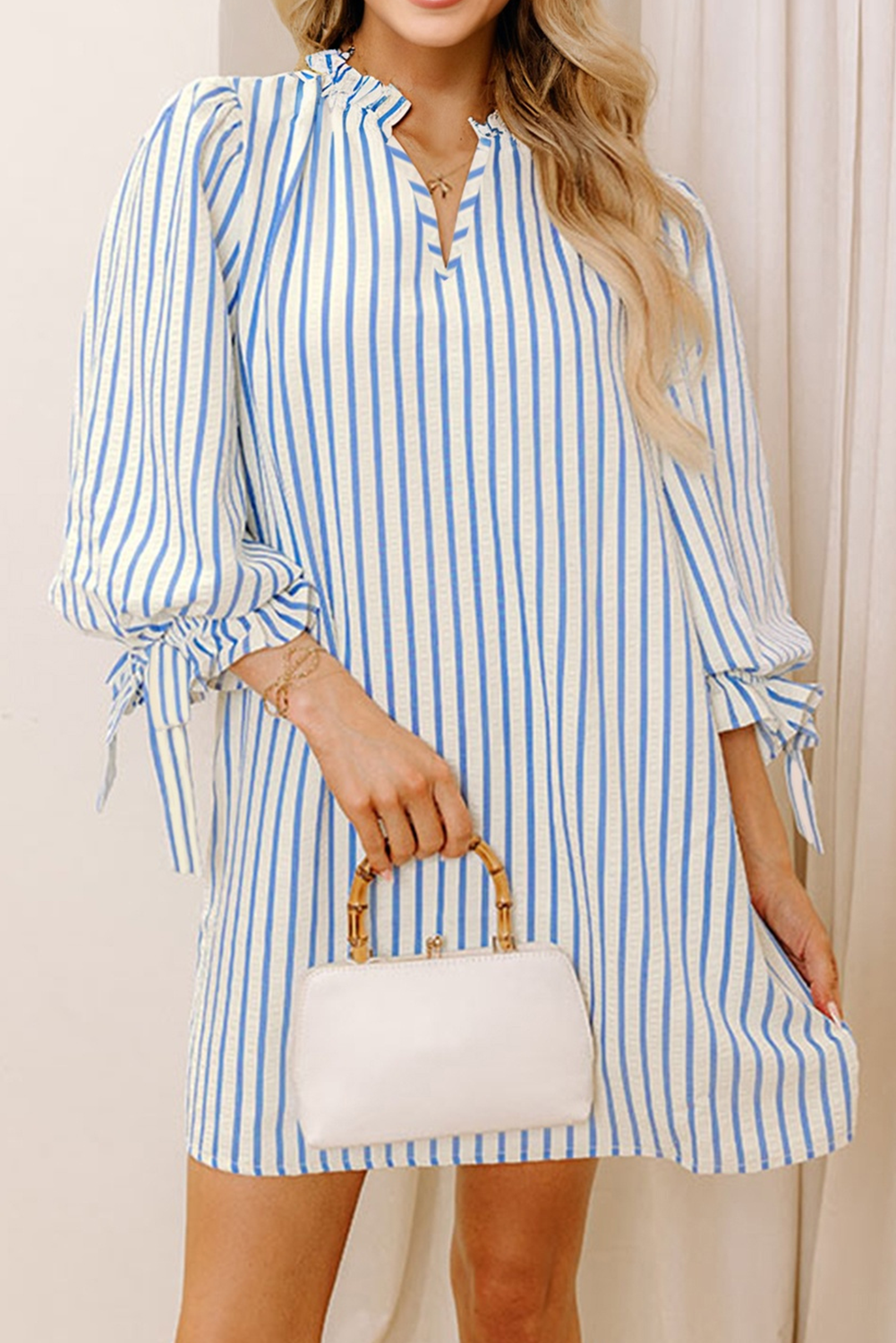 Sky Blue Stripe Knotted Bracelet Sleeve Notched Neck Shift Mini Dress-TOPS / DRESSES-[Adult]-[Female]-2022 Online Blue Zone Planet