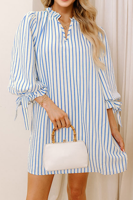 Sky Blue Stripe Knotted Bracelet Sleeve Notched Neck Shift Mini Dress-TOPS / DRESSES-[Adult]-[Female]-2022 Online Blue Zone Planet