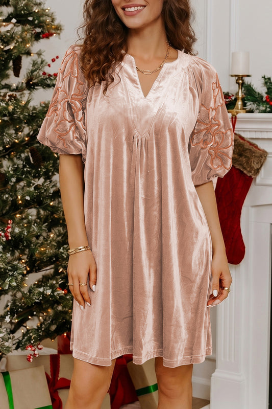 Light French Beige Embroidered Sleeve Velvet Mini Shift Dress-TOPS / DRESSES-[Adult]-[Female]-Light French Beige-S-2022 Online Blue Zone Planet