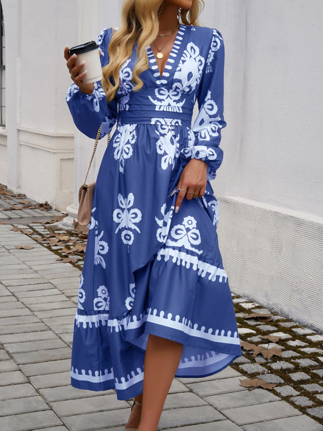 Ruffled Printed Plunge Long Sleeve Dress-TOPS / DRESSES-[Adult]-[Female]-2022 Online Blue Zone Planet