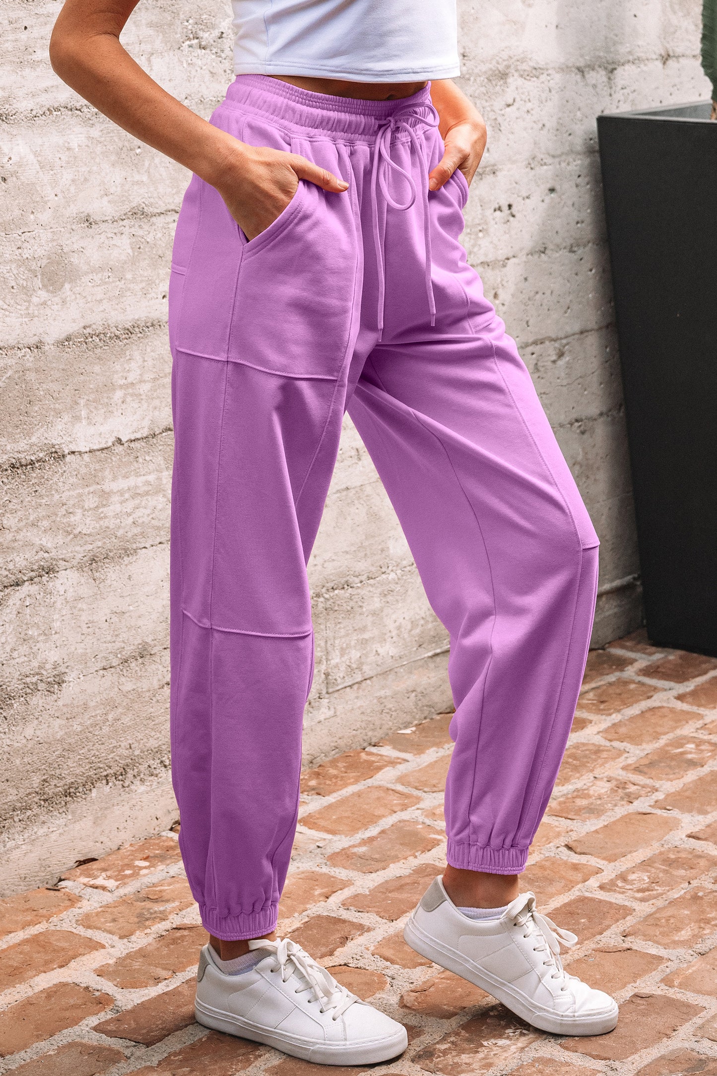 Lilac Drawstring Waist Patchwork Solid Color Jogger Pants-Bottoms/Pants & Culotte-[Adult]-[Female]-2022 Online Blue Zone Planet
