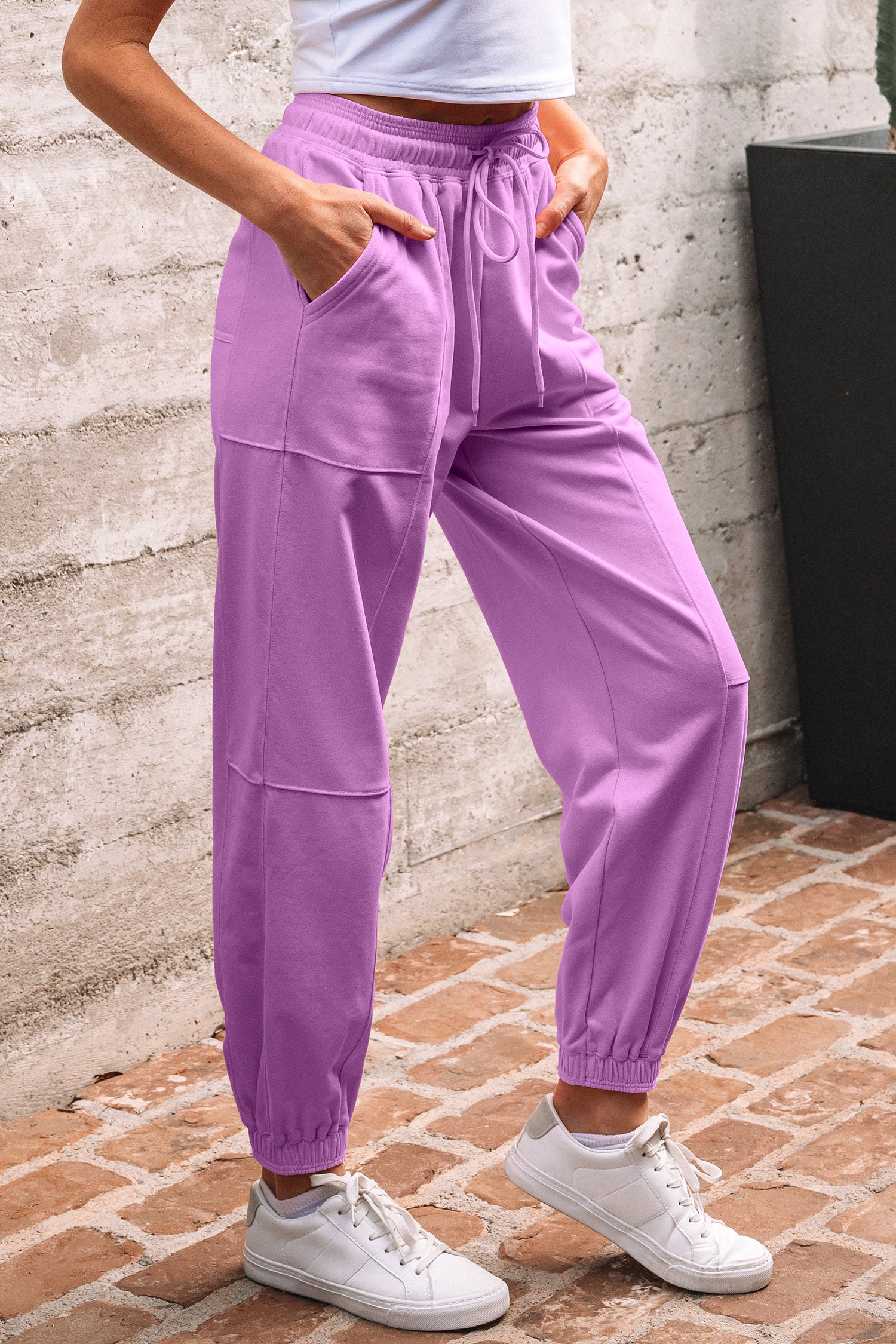Lilac Drawstring Waist Patchwork Solid Color Jogger Pants-Bottoms/Pants & Culotte-[Adult]-[Female]-2022 Online Blue Zone Planet