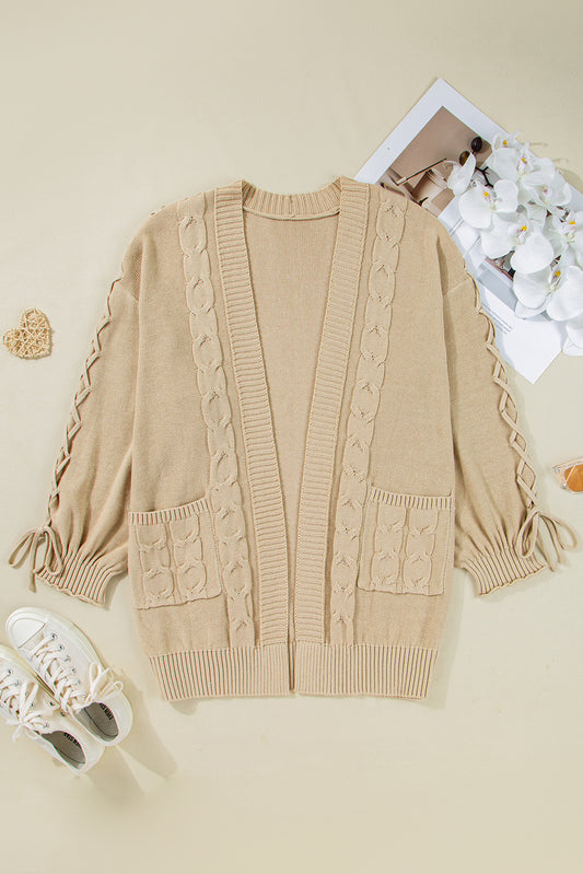 Parchment Cable Knit Braided Tie Sleeve Plus Size Open Cardigan-Plus Size/Plus Size Sweaters & Cardigans-[Adult]-[Female]-2022 Online Blue Zone Planet