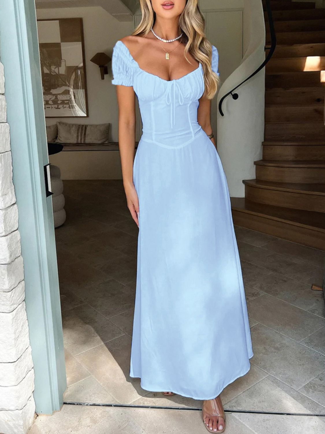 Devine Sweetheart Neck Short Sleeve Maxi Dress-TOPS / DRESSES-[Adult]-[Female]-Light Blue-S-2022 Online Blue Zone Planet