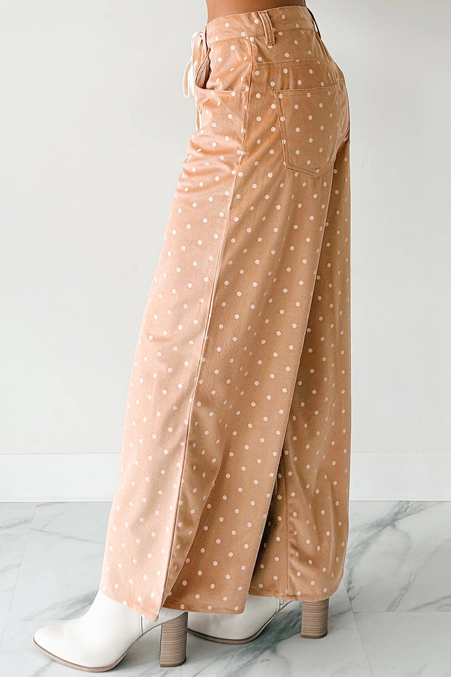 Khaki Polka Dot Print Drawstring Wide Leg Pants-Bottoms/Pants & Culotte-[Adult]-[Female]-2022 Online Blue Zone Planet