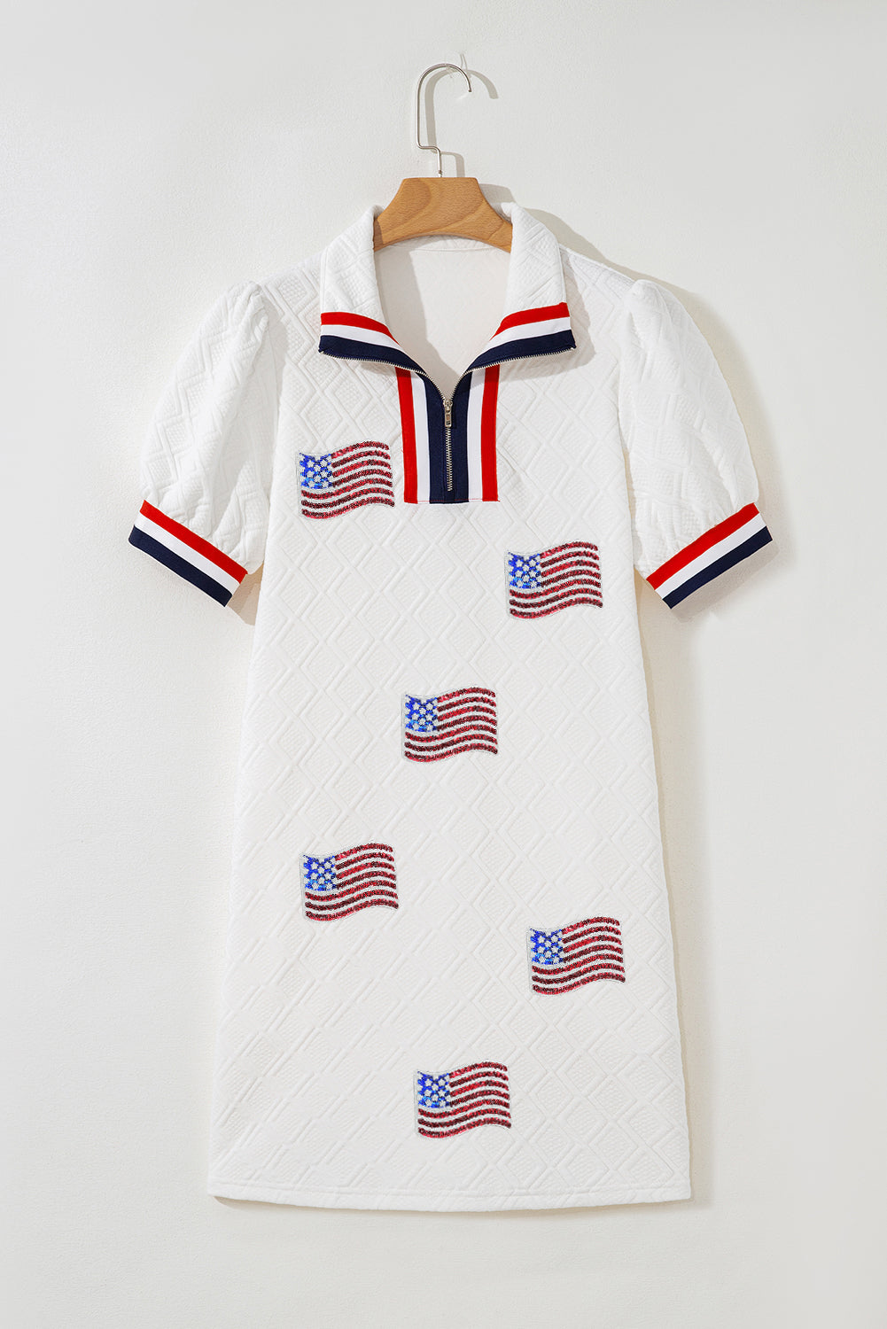 White Textured Contrast Striped Detail Sequin USA Flag Patched Mini Dress-Graphic Apparel-[Adult]-[Female]-2022 Online Blue Zone Planet