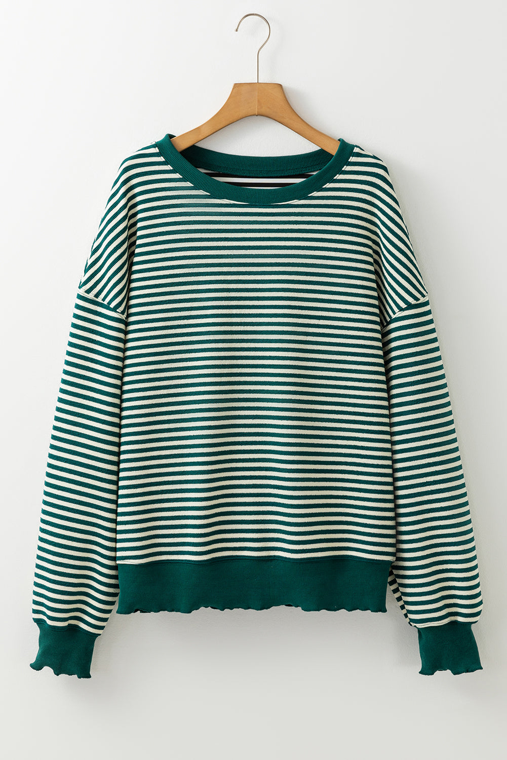Blue Zone Planet | Green Stripe Drop Shoulder Long Sleeve Top-Long Sleeve Tops-[Adult]-[Female]-2022 Online Blue Zone Planet