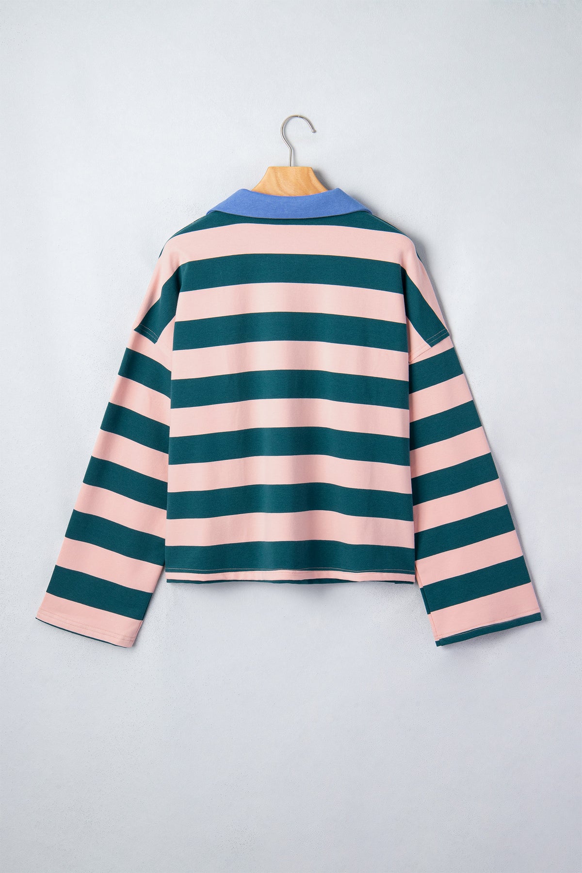 Green Stripe Quarter-Zip Metal Zipper Cover Stitch Hem Top-Tops/Long Sleeve Tops-[Adult]-[Female]-2022 Online Blue Zone Planet