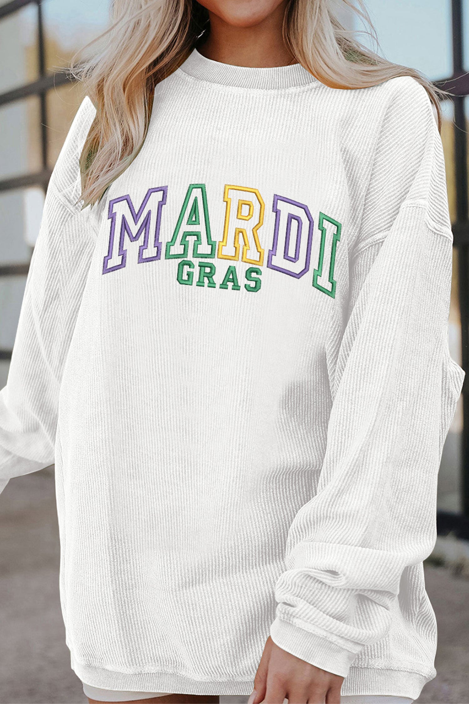 White Oversize Corded MARDI GRAS Embroidered Sweatshirt-Graphic Sweatshirts-[Adult]-[Female]-2022 Online Blue Zone Planet