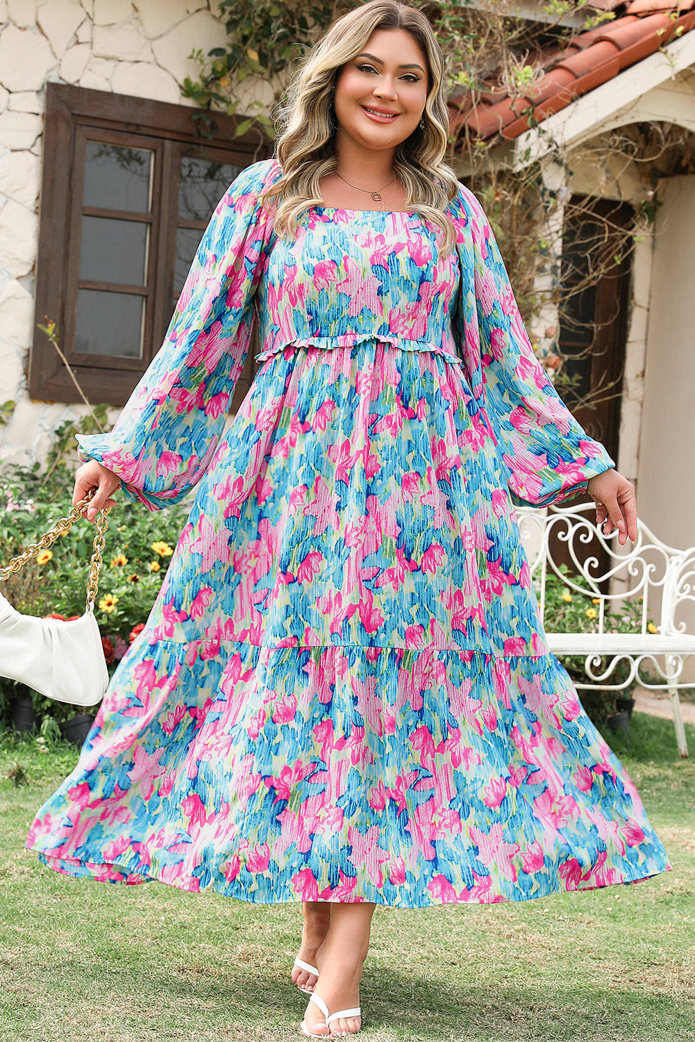 Blue Zone Planet | Sky Blue Floral Allover Print Shirred Square Neck Plus Size Maxi Dress-TOPS / DRESSES-[Adult]-[Female]-2022 Online Blue Zone Planet