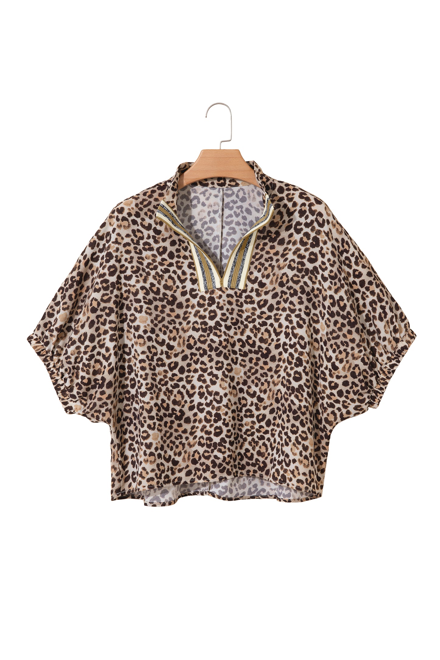 Leopard Contrast Trim V Neck Half Sleeve Western Dolman Blouse-Tops/Blouses & Shirts-[Adult]-[Female]-2022 Online Blue Zone Planet
