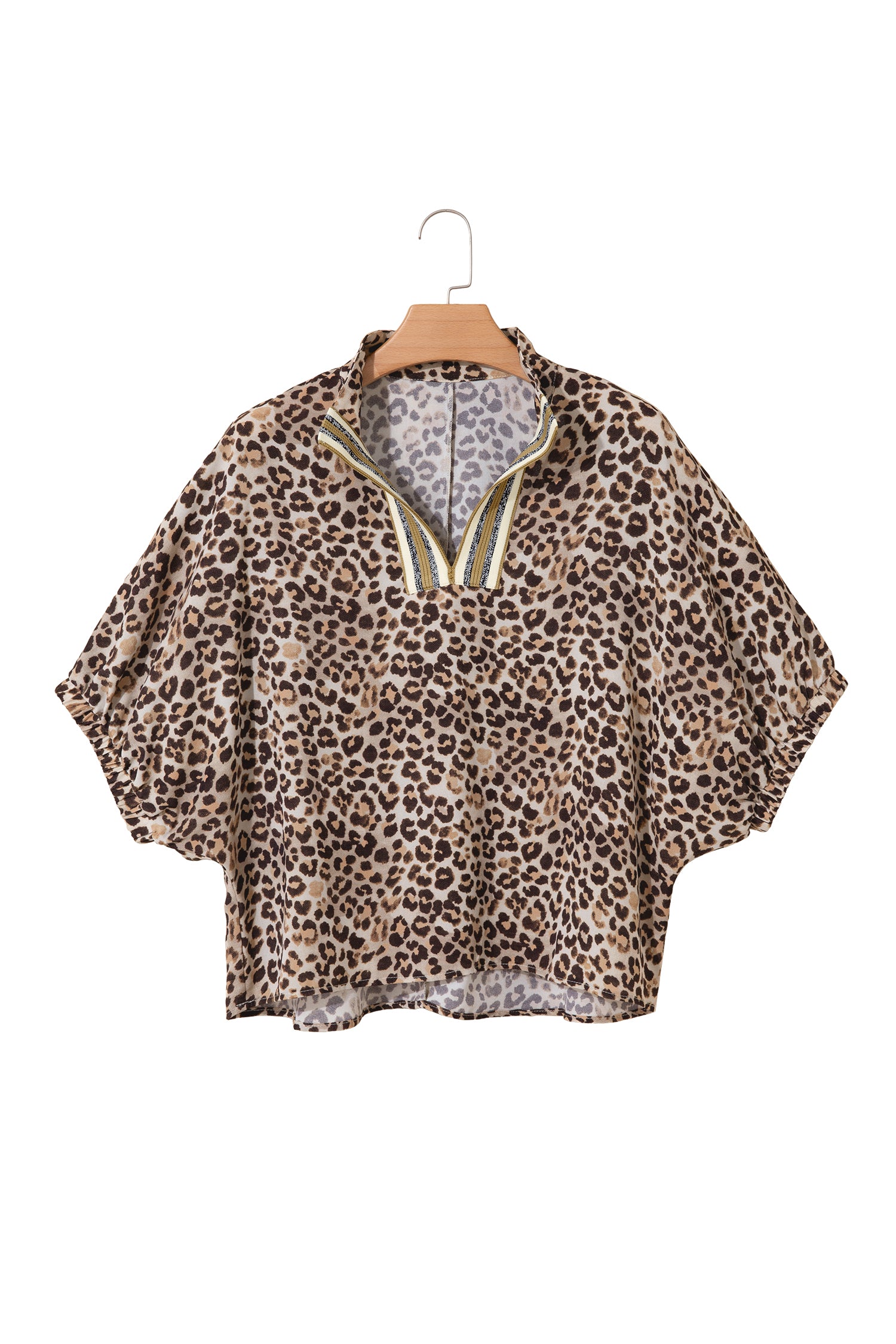 Leopard Contrast Trim V Neck Half Sleeve Western Dolman Blouse-Tops/Blouses & Shirts-[Adult]-[Female]-2022 Online Blue Zone Planet