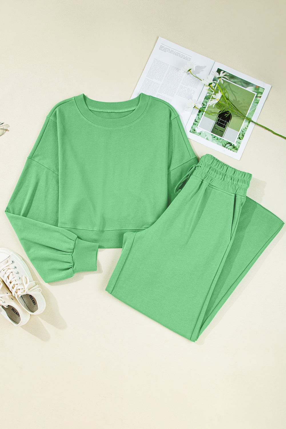 Bright Green Drop Shoulder Puff Sleeve Crop Pullover Drawstring Wide Leg Pants Set-Two Piece Sets/Pant Sets-[Adult]-[Female]-2022 Online Blue Zone Planet
