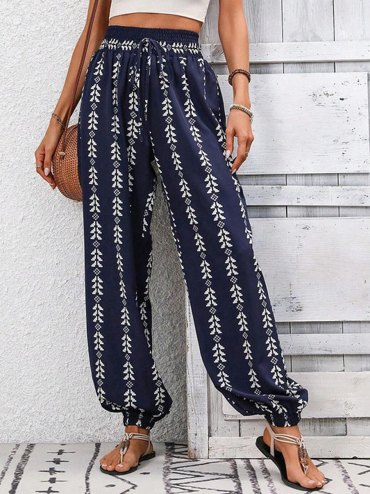 Tied Printed High Waist Pants-BOTTOMS SIZES SMALL MEDIUM LARGE-[Adult]-[Female]-Dark Blue-S-2022 Online Blue Zone Planet