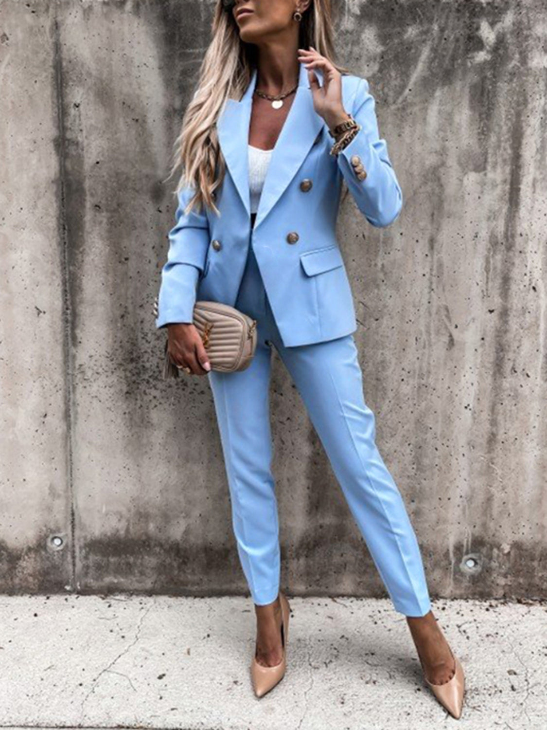 Blue Zone Planet | Lapel Collar Long Sleeve Blazer and Pants Set-TOPS / DRESSES-[Adult]-[Female]-Pastel Blue-S-2022 Online Blue Zone Planet